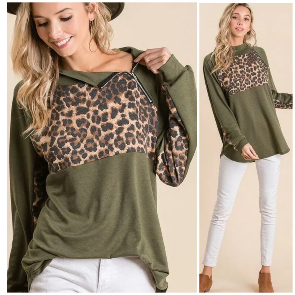 Olive Leopard Raglan Zipper Pullover Top - Picture 1 of 11